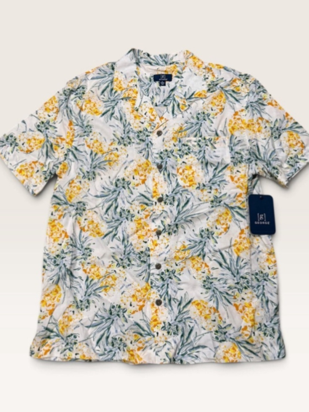 NWT Men's George Casual Button Down Shirt Size M White Yellow Pineapple Print